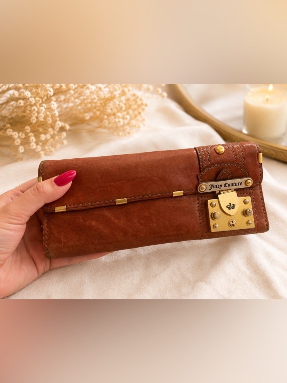 Y2K VINTAGE Juicy Couture Brown Leather Wallet with Gold-Tone Hardware